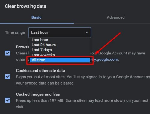 Google Chrome - Clear browsing data all time