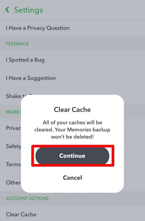 Tap On Continue - Clear Cache