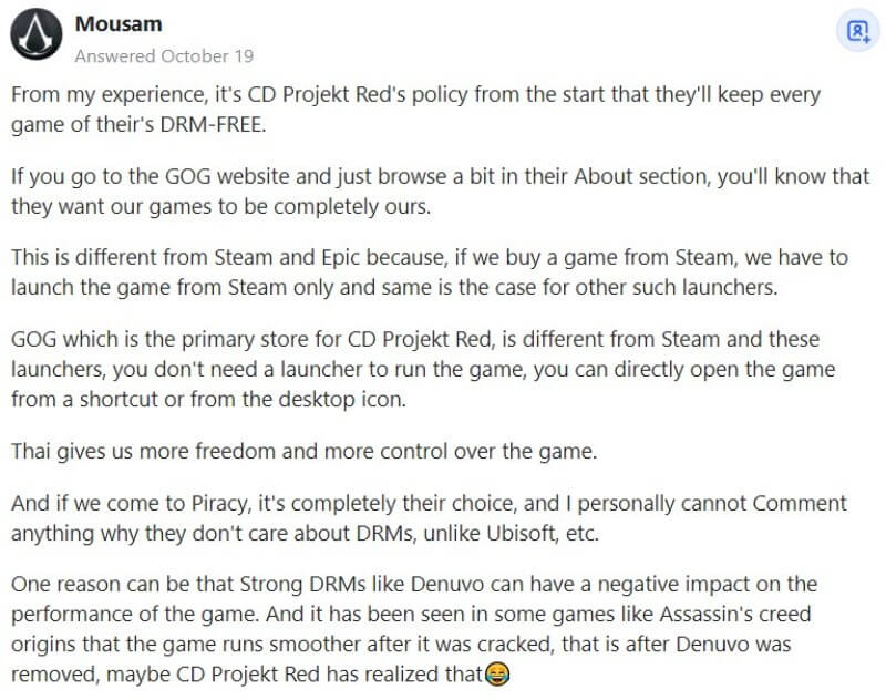 Why Cyberpunk 2077 Has No DRM - Quora Answer