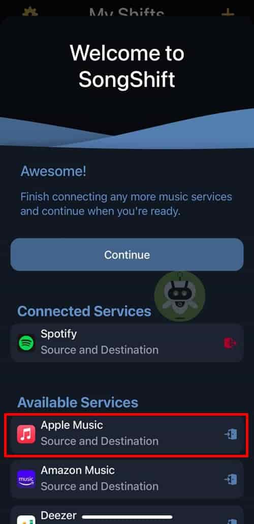 Select Apple Music As Destination