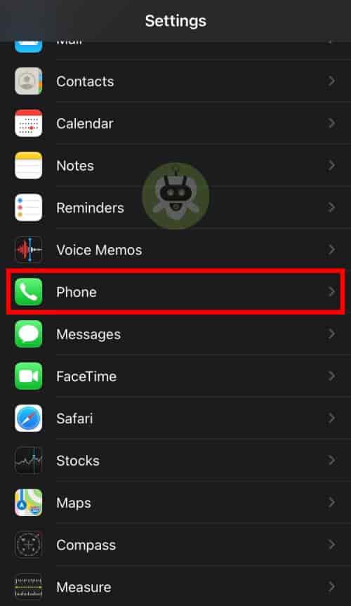 Select Phone From Settings App