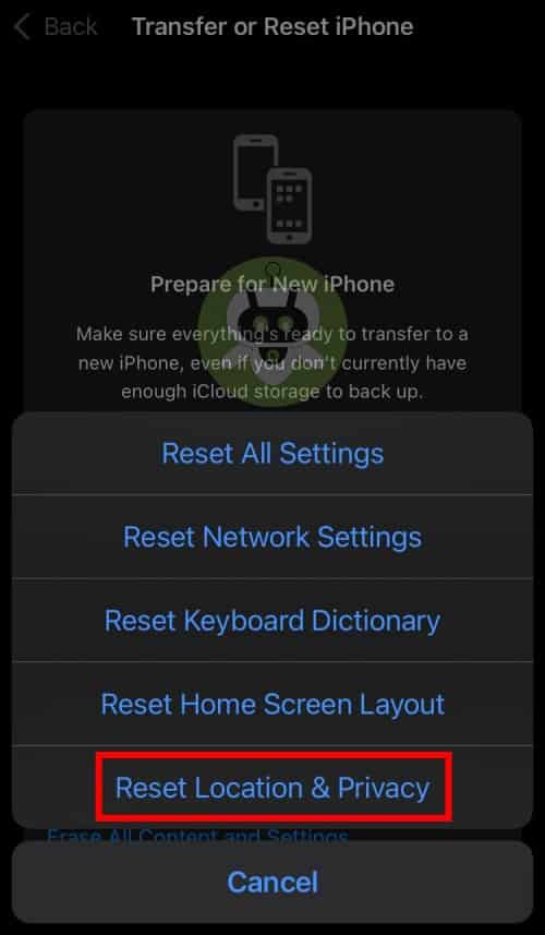 Tap On Reset Location And Privacy Option