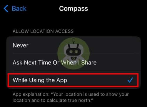 Tap On While Using The App Option