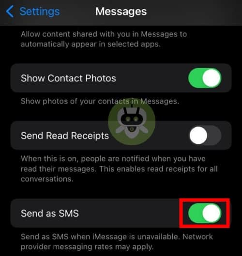 Toggle On Send As SMS Option