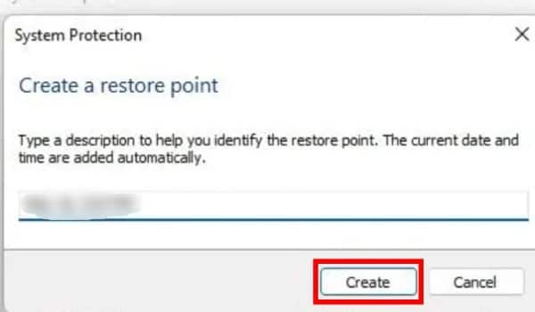 Click On Create Again - System Restore Point