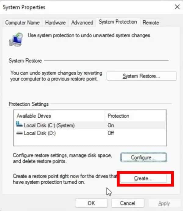 Click On Create - System Restore Point
