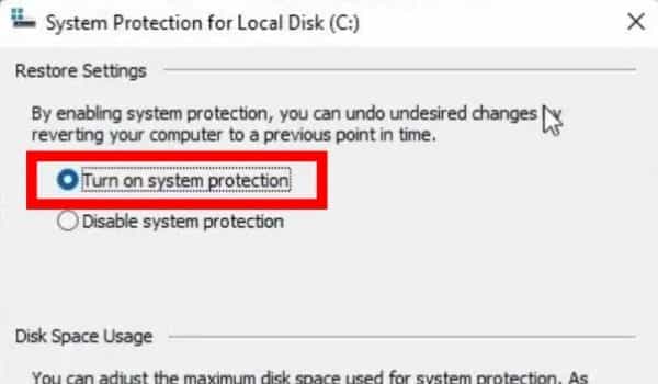 Select Turn On System Protection - System Restore Point