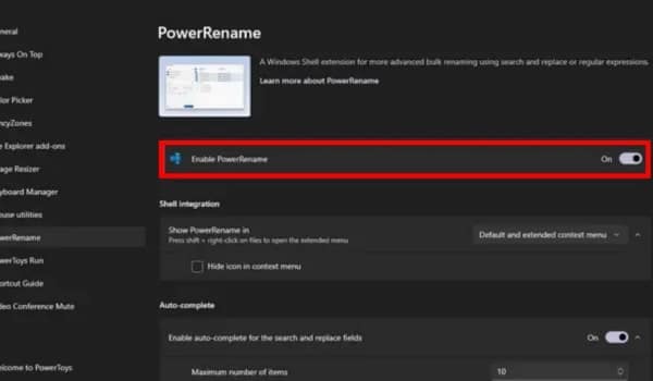 Toggle On The Enable PowerRename Option