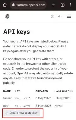 Create New Secret Key - Open AI