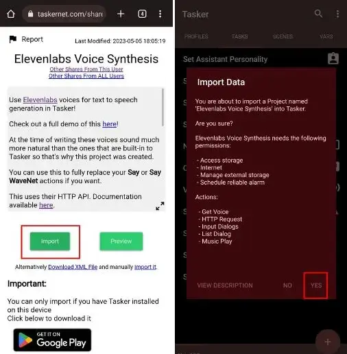 Import Elevenlabs Voice Synthesis Project Into Tasker