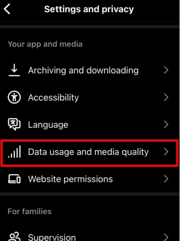 Select Data Usage And Media Quality - Instagram Stories Not Loading