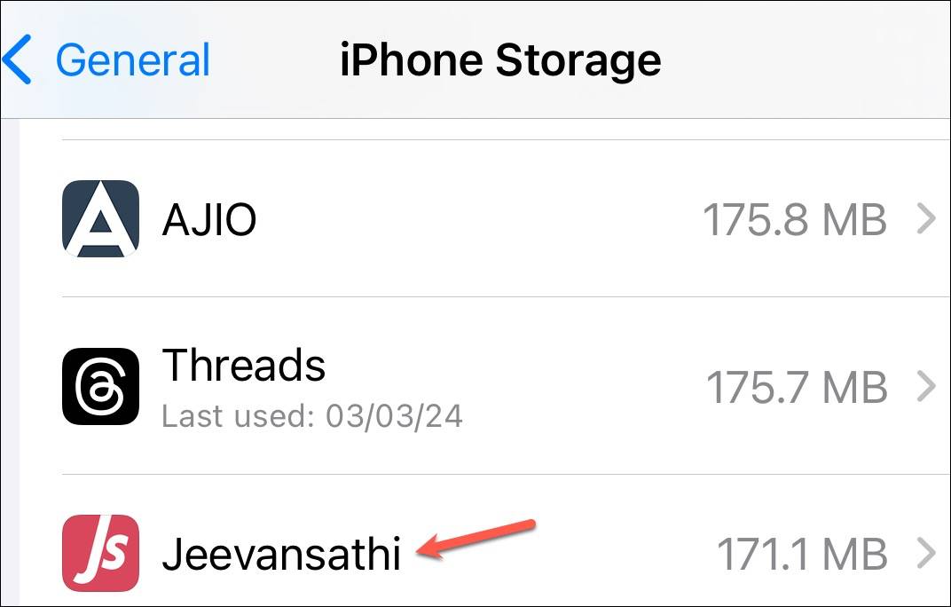 Tap on Jeevansathi - iPhone storage settings