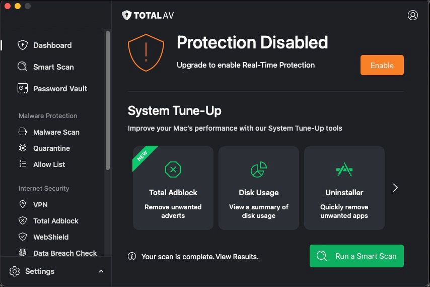 Total AV antivirus dashboard
